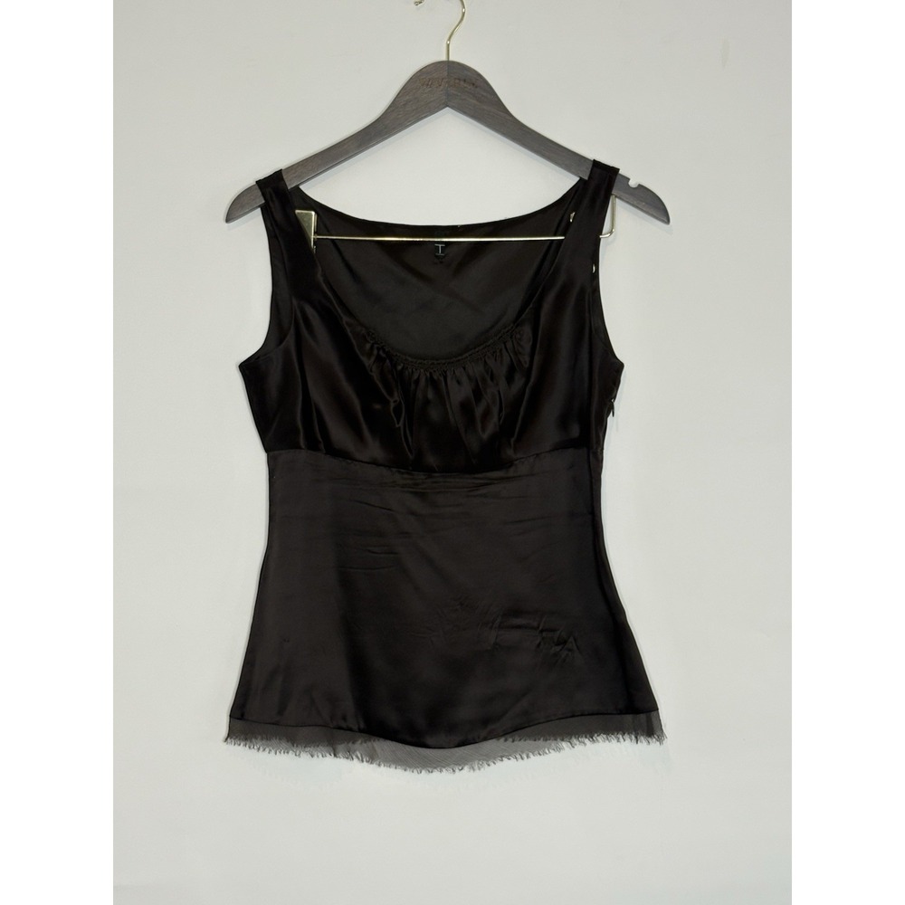 T Tahari Women Small 100% Silk Satin Black Y2K Scoop Neck Babydoll Slip Top Cami